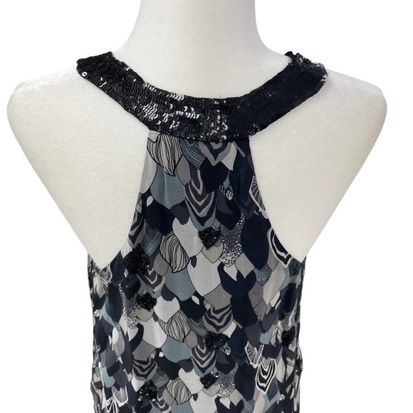 French Connection Black Gray Feather Print Retro Fit & Flare Dress 8 - Picture 8 of 11